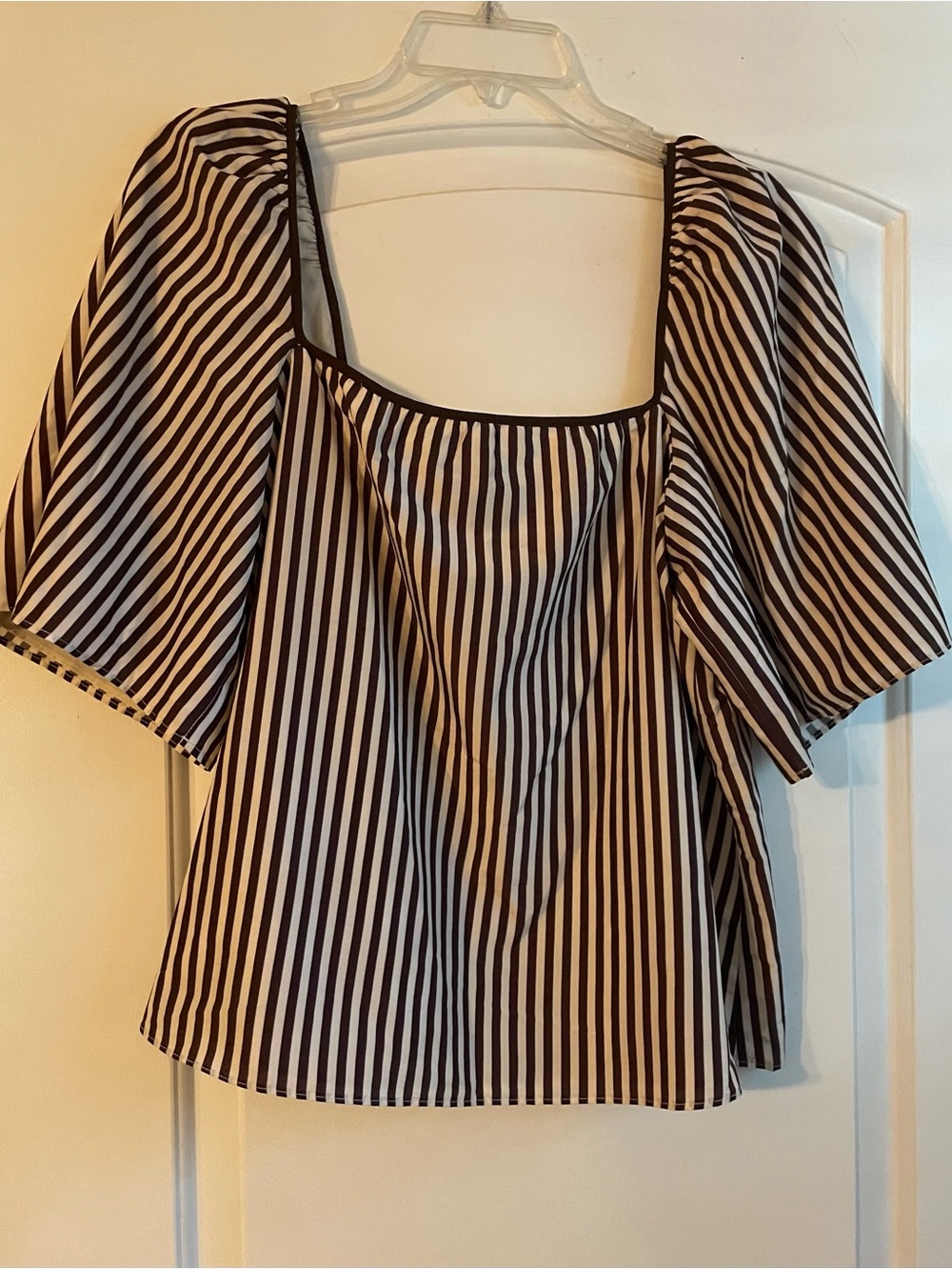 Tuckernuck Brown and Ivory Striped Square Neck Puff Sleeve Top
